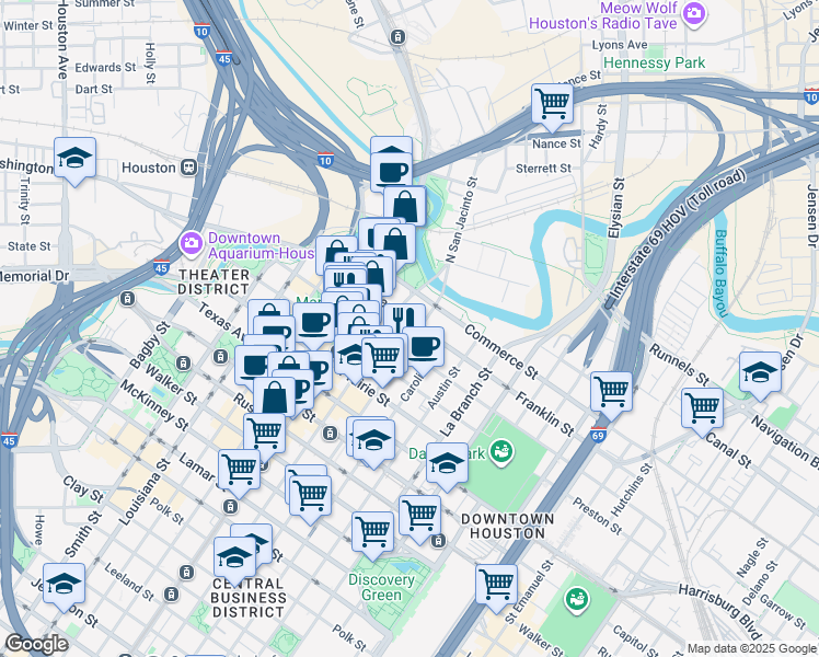 map of restaurants, bars, coffee shops, grocery stores, and more near 1115 Congress Street in Houston
