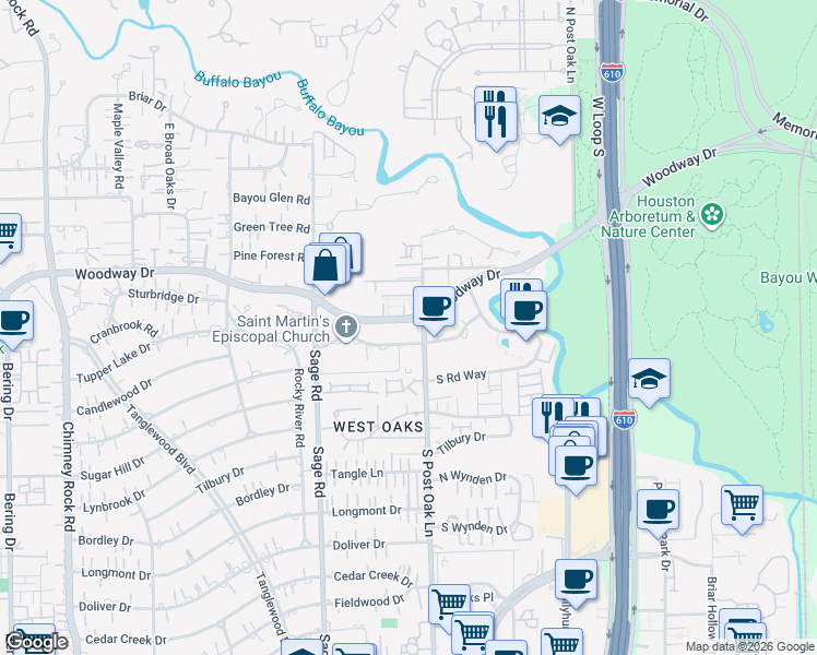 map of restaurants, bars, coffee shops, grocery stores, and more near 717 Sage Road in Houston