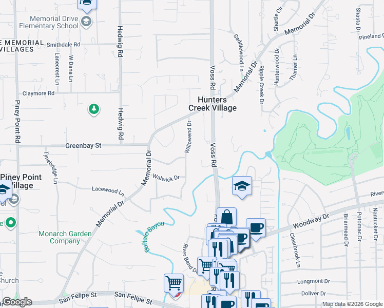 map of restaurants, bars, coffee shops, grocery stores, and more near 35 Willowend Drive in Houston