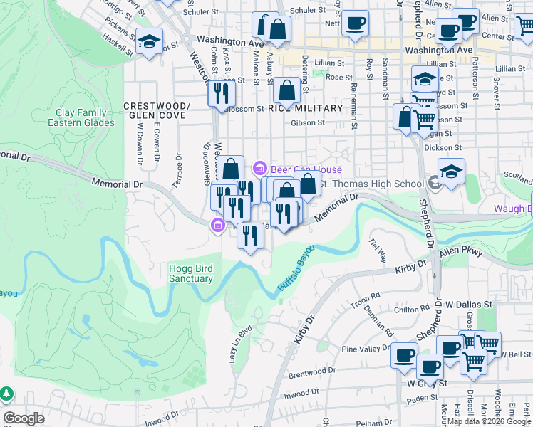 map of restaurants, bars, coffee shops, grocery stores, and more near 5555 Memorial Drive in Houston