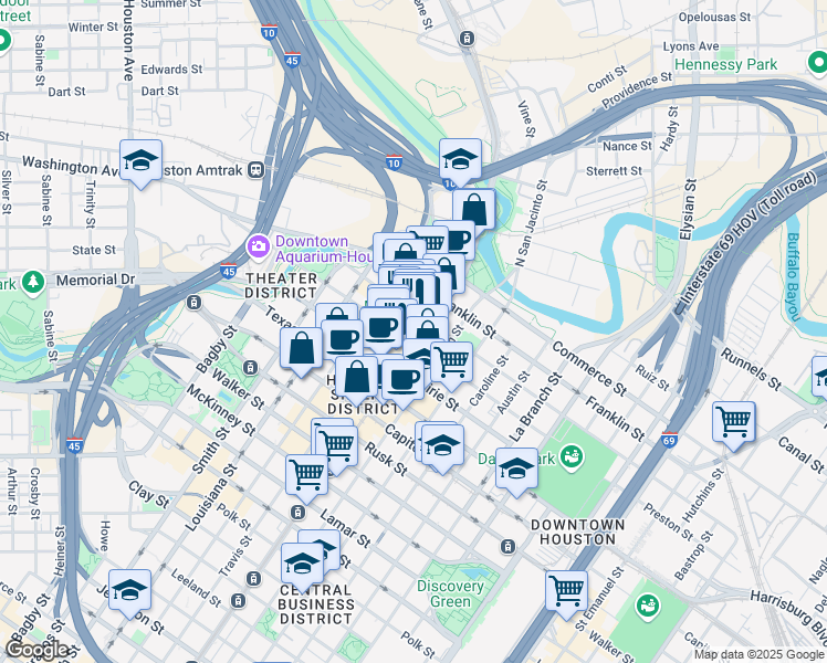 map of restaurants, bars, coffee shops, grocery stores, and more near 312 Main street in Houston