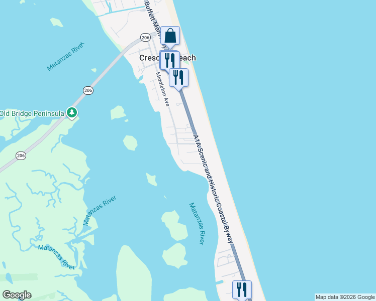 map of restaurants, bars, coffee shops, grocery stores, and more near 135 Gassett Road in St. Augustine