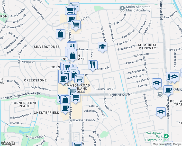 map of restaurants, bars, coffee shops, grocery stores, and more near 21703 Park York Drive in Katy