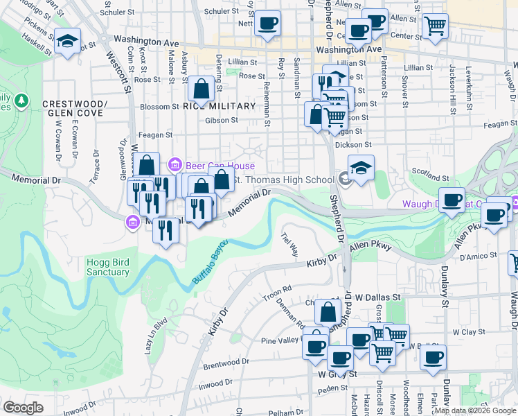 map of restaurants, bars, coffee shops, grocery stores, and more near 5201 Memorial Drive in Houston