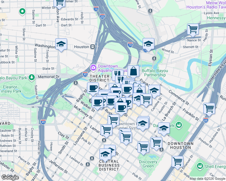 map of restaurants, bars, coffee shops, grocery stores, and more near 717 Texas Avenue in Houston