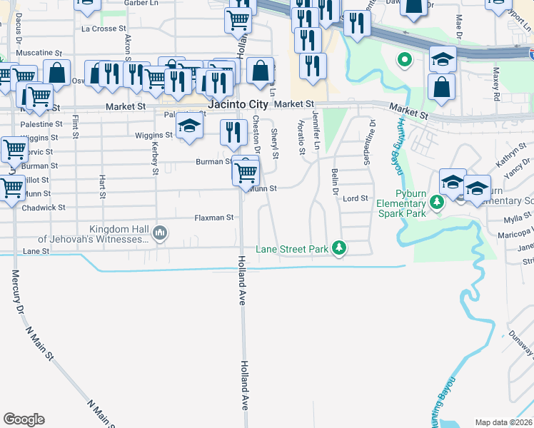 map of restaurants, bars, coffee shops, grocery stores, and more near 1702 Cheston Drive in Houston