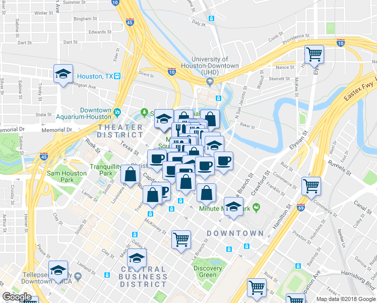 map of restaurants, bars, coffee shops, grocery stores, and more near in Houston