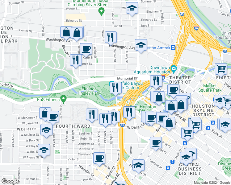 map of restaurants, bars, coffee shops, grocery stores, and more near 1620 Crockett Street in Houston