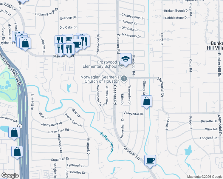 map of restaurants, bars, coffee shops, grocery stores, and more near 242 Tamerlaine Drive in Houston
