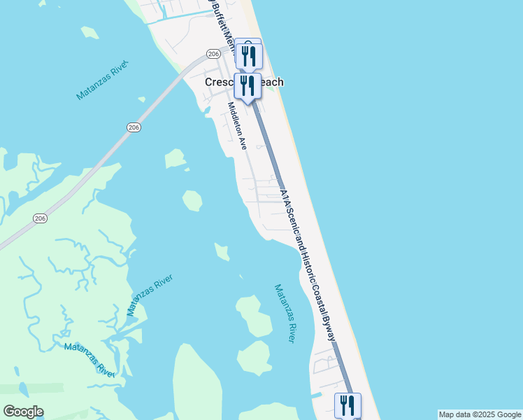 map of restaurants, bars, coffee shops, grocery stores, and more near 7175 Florida A1A in St. Augustine