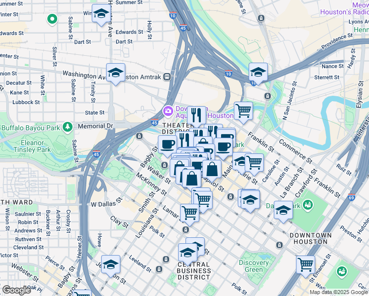 map of restaurants, bars, coffee shops, grocery stores, and more near 601 Texas Avenue in Houston