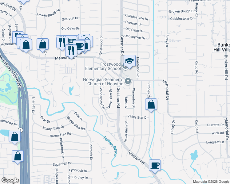 map of restaurants, bars, coffee shops, grocery stores, and more near 242 Tamerlaine Drive in Houston