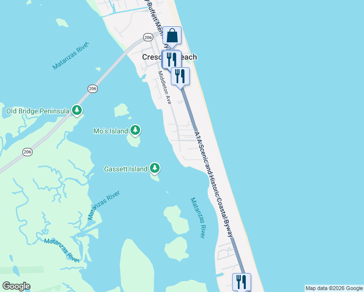 map of restaurants, bars, coffee shops, grocery stores, and more near 135 Gassett Road in St. Augustine