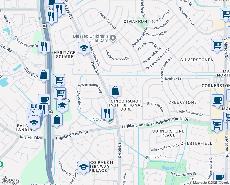 map of restaurants, bars, coffee shops, grocery stores, and more near 1306 Irish Mist Court in Katy