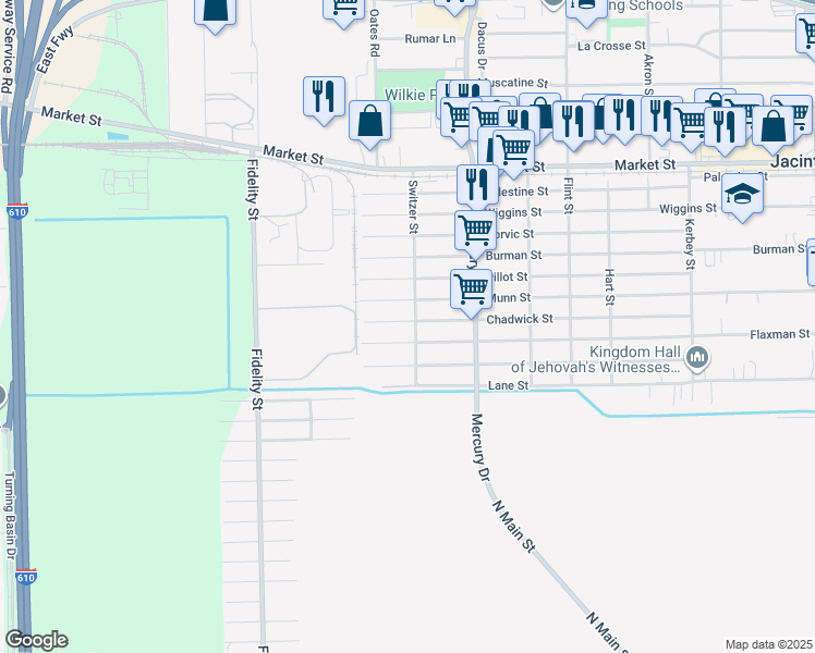 map of restaurants, bars, coffee shops, grocery stores, and more near 10142 Flaxman Street in Houston