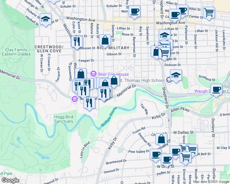 map of restaurants, bars, coffee shops, grocery stores, and more near 5400 Memorial Parkway in Houston