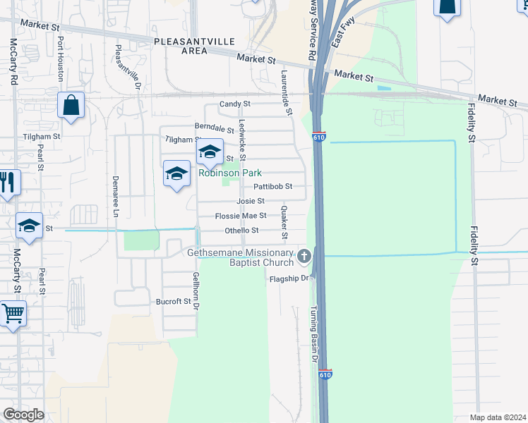 map of restaurants, bars, coffee shops, grocery stores, and more near 8727 Flossie Mae Street in Houston