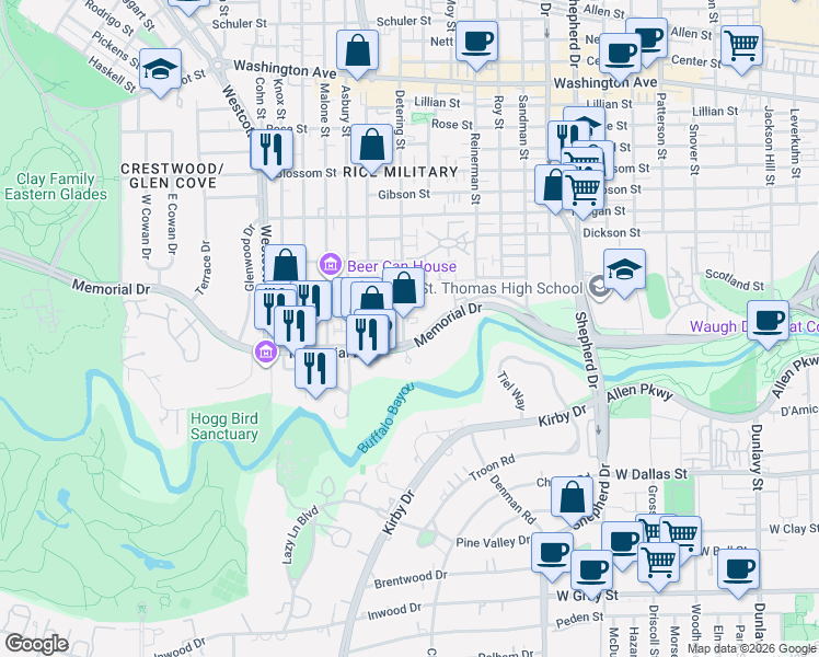 map of restaurants, bars, coffee shops, grocery stores, and more near 5300 Memorial Drive in Houston