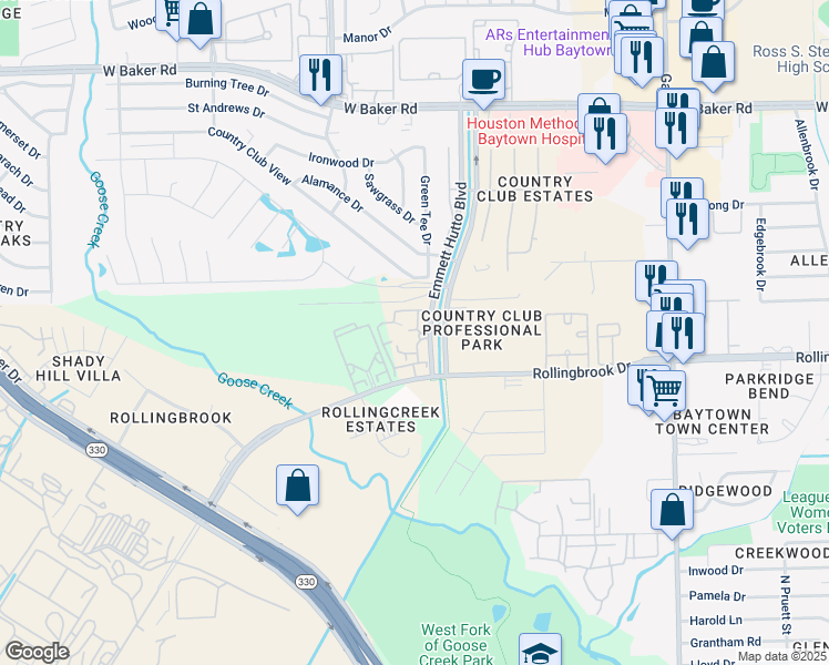 map of restaurants, bars, coffee shops, grocery stores, and more near 3717 Emmett Hutto Boulevard in Baytown