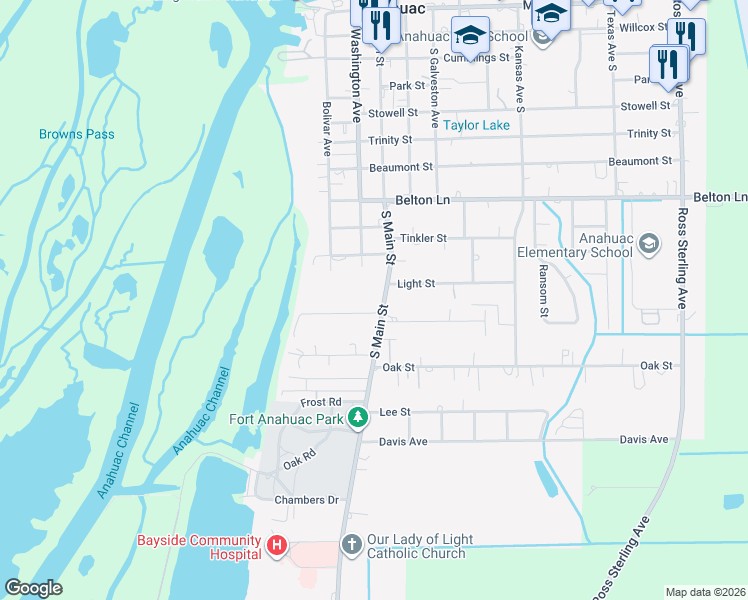 map of restaurants, bars, coffee shops, grocery stores, and more near 1201 South Main Street in Anahuac