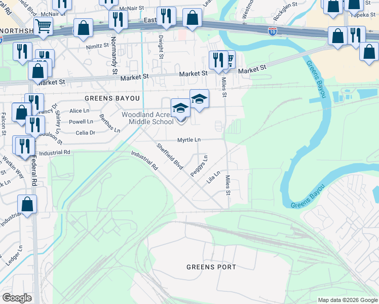 map of restaurants, bars, coffee shops, grocery stores, and more near 1569 Sheffield Boulevard in Houston
