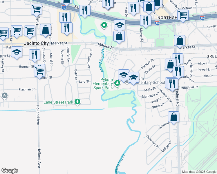 map of restaurants, bars, coffee shops, grocery stores, and more near 1462 Maryknoll Drive in Houston