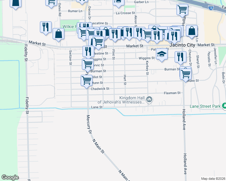 map of restaurants, bars, coffee shops, grocery stores, and more near 10426 Flaxman Street in Houston