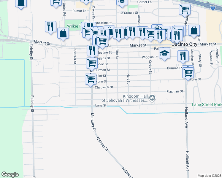 map of restaurants, bars, coffee shops, grocery stores, and more near 10426 Flaxman Street in Houston