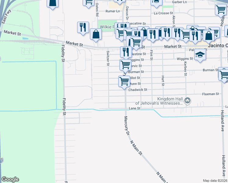 map of restaurants, bars, coffee shops, grocery stores, and more near 10221 Flaxman Street in Houston