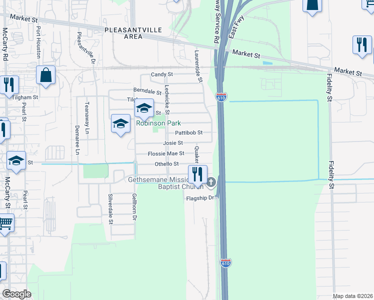 map of restaurants, bars, coffee shops, grocery stores, and more near 8738 Flossie Mae Street in Houston