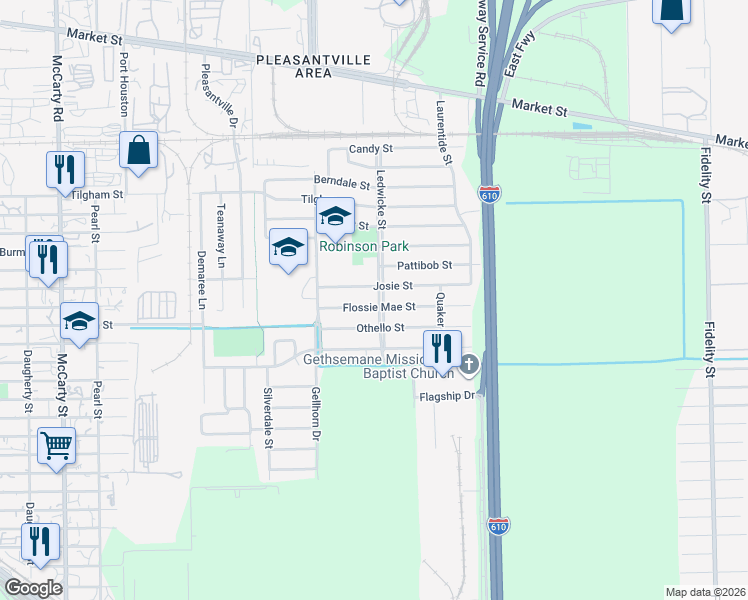 map of restaurants, bars, coffee shops, grocery stores, and more near 8634 Flossie Mae St in Houston