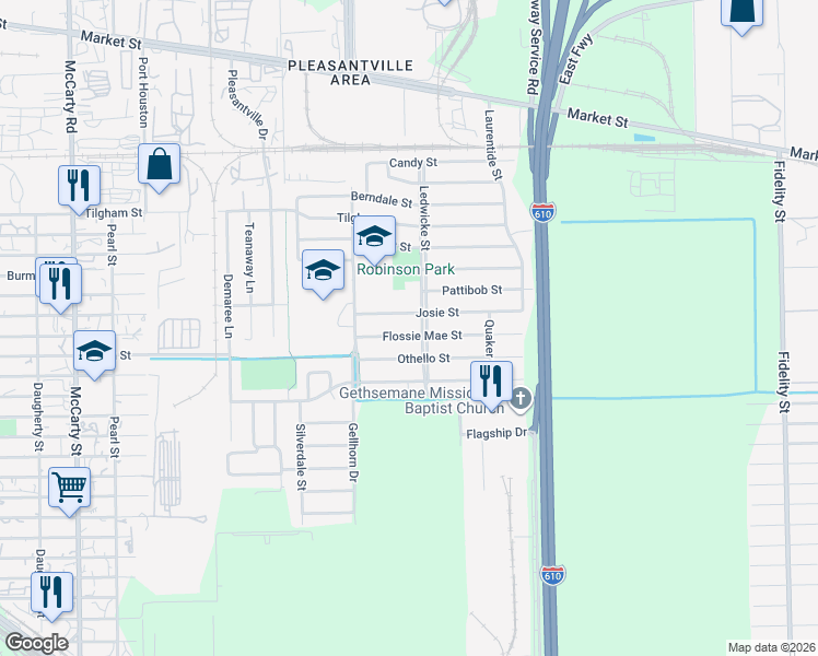 map of restaurants, bars, coffee shops, grocery stores, and more near 8634 Flossie Mae Street in Houston
