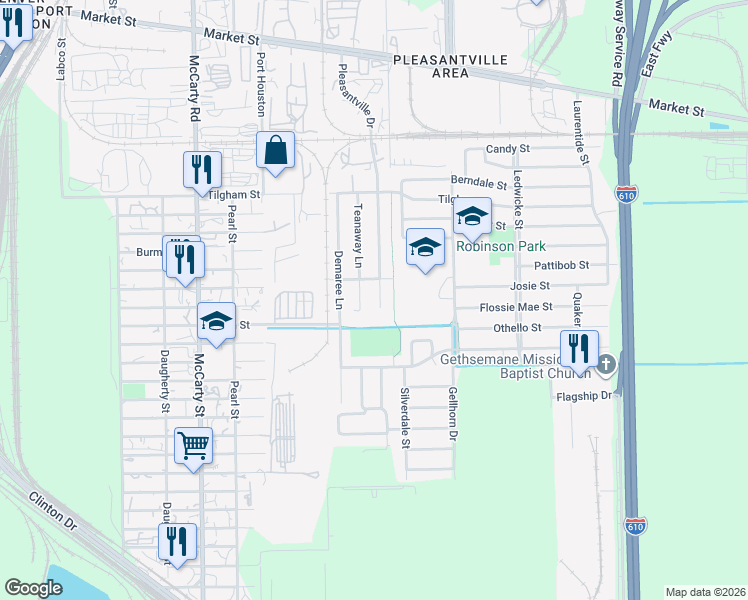 map of restaurants, bars, coffee shops, grocery stores, and more near 1629 Pleasantville Drive in Houston