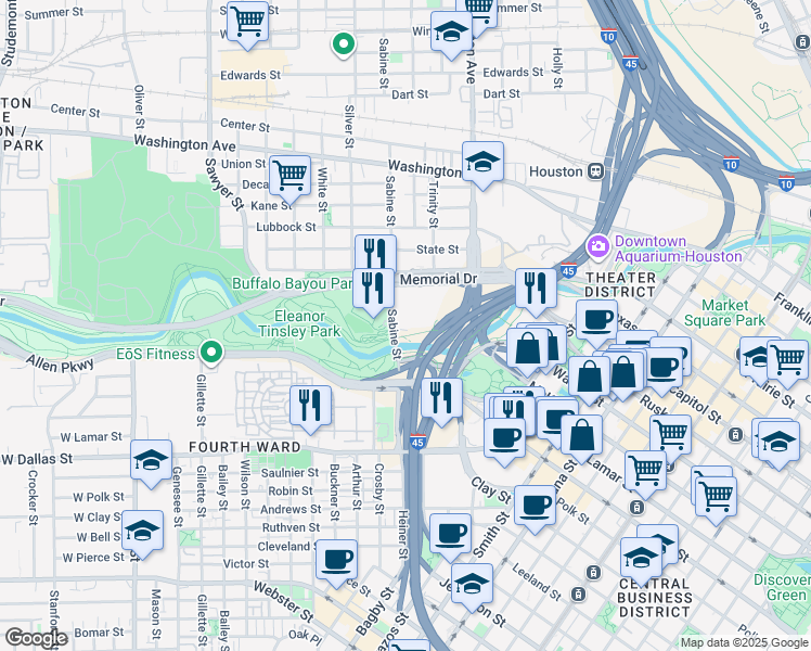 map of restaurants, bars, coffee shops, grocery stores, and more near Gulf Freeway in Houston
