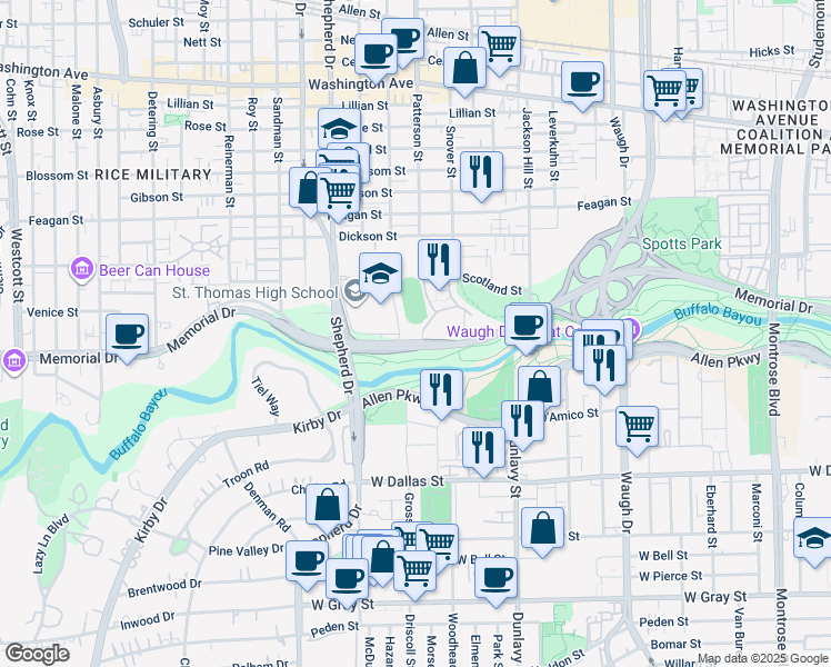 map of restaurants, bars, coffee shops, grocery stores, and more near in Houston