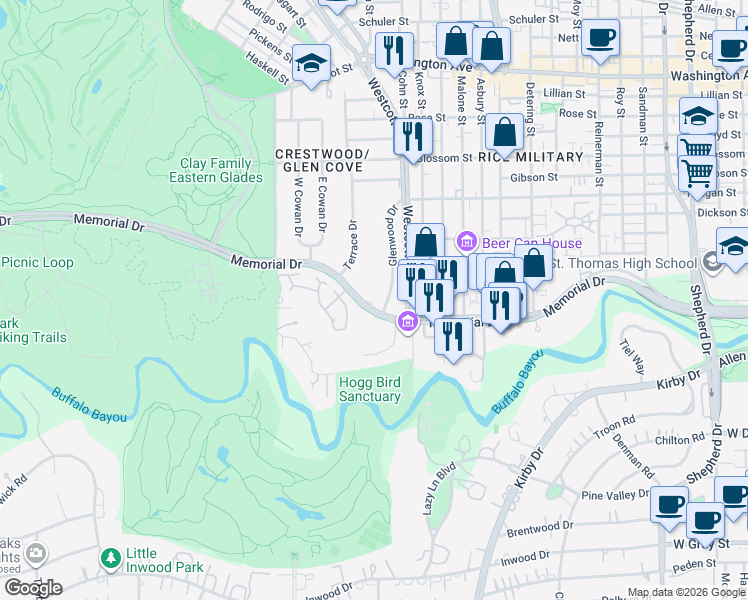 map of restaurants, bars, coffee shops, grocery stores, and more near 6012 Memorial Drive in Houston