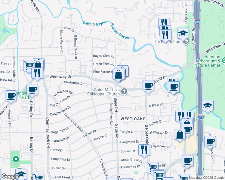 map of restaurants, bars, coffee shops, grocery stores, and more near 673 Shady Hollow in Houston
