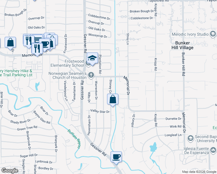 map of restaurants, bars, coffee shops, grocery stores, and more near 247 Stoney Creek Drive in Houston