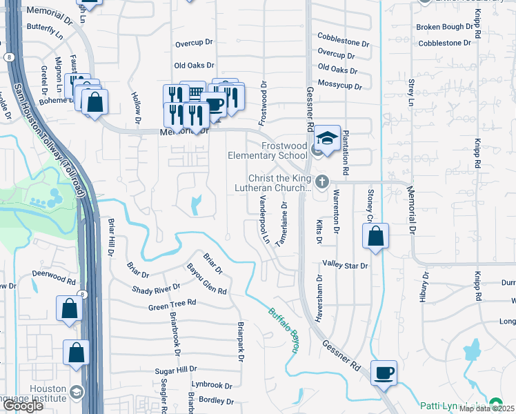 map of restaurants, bars, coffee shops, grocery stores, and more near 12331 Tunbridge Lane in Houston