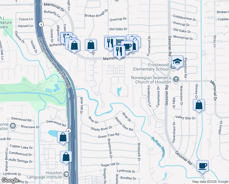 map of restaurants, bars, coffee shops, grocery stores, and more near 284 Litchfield Lane in Houston