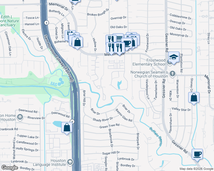 map of restaurants, bars, coffee shops, grocery stores, and more near 53 Legend Lane in Houston