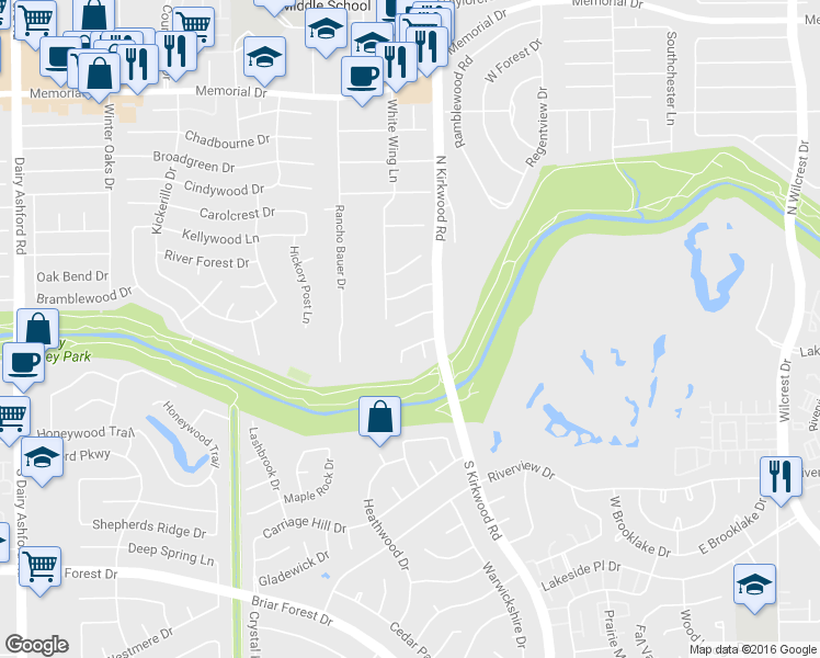 map of restaurants, bars, coffee shops, grocery stores, and more near 14127 Heatherfield Drive in Houston