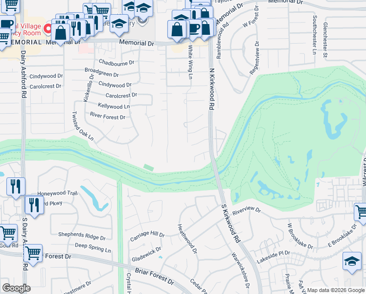map of restaurants, bars, coffee shops, grocery stores, and more near 14134 Heatherfield Drive in Houston