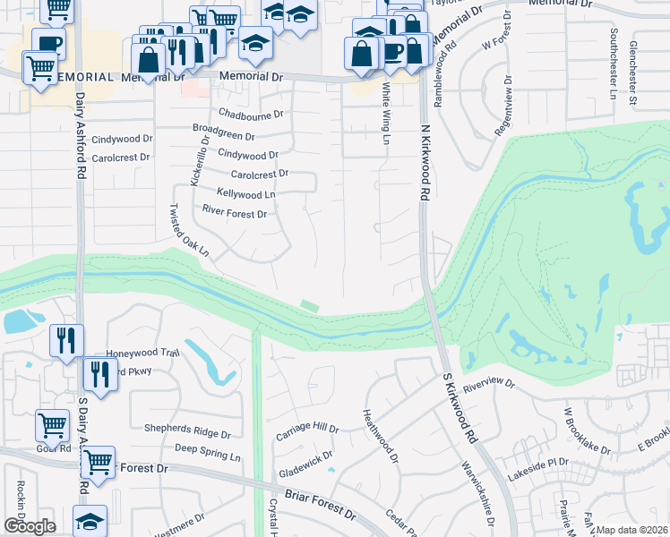 map of restaurants, bars, coffee shops, grocery stores, and more near 409 Rancho Bauer Drive in Houston