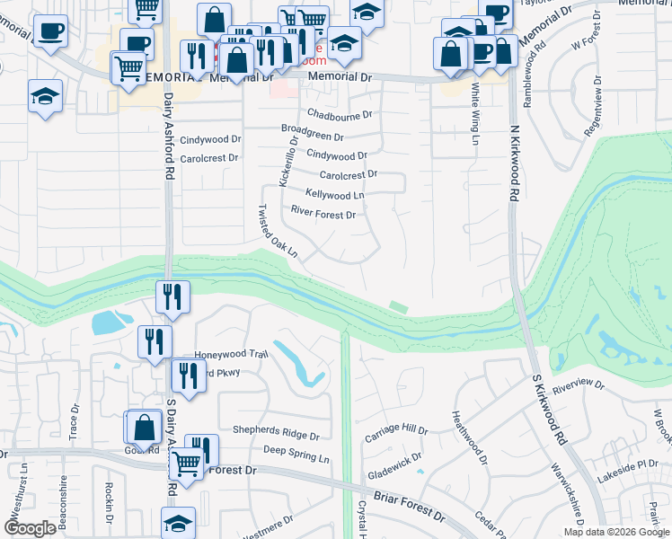 map of restaurants, bars, coffee shops, grocery stores, and more near 14314 Twisted Oak Lane in Houston