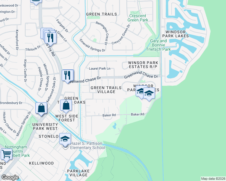 map of restaurants, bars, coffee shops, grocery stores, and more near 19515 Knightsridge Lane in Houston