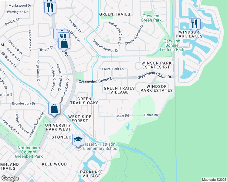 map of restaurants, bars, coffee shops, grocery stores, and more near 19619 Knightsridge Lane in Houston
