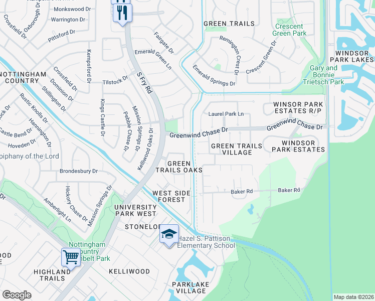 map of restaurants, bars, coffee shops, grocery stores, and more near 1719 Emerald Green Drive in Houston