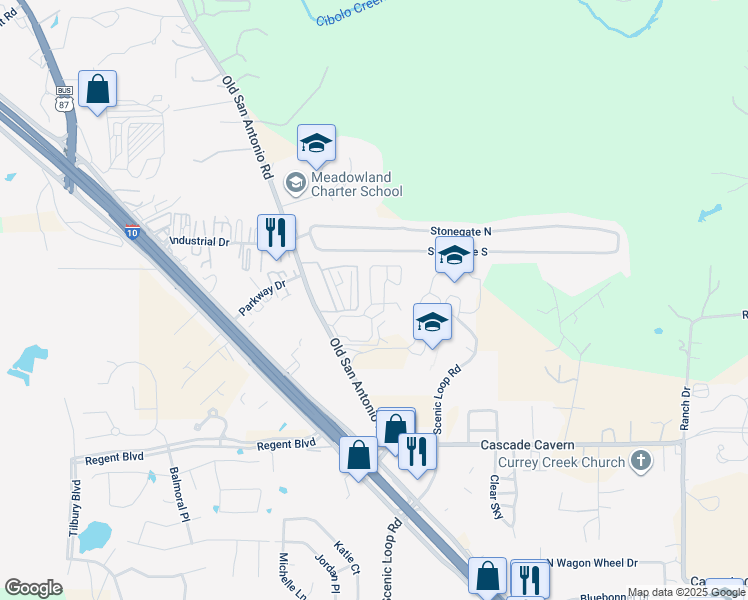 map of restaurants, bars, coffee shops, grocery stores, and more near 135 Old San Antonio Road in Boerne