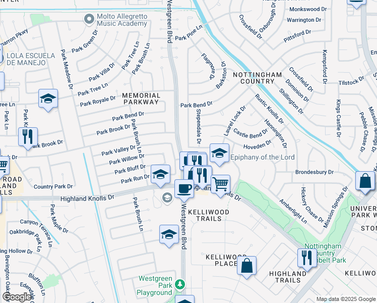 map of restaurants, bars, coffee shops, grocery stores, and more near 1500 Westgreen Boulevard in Katy